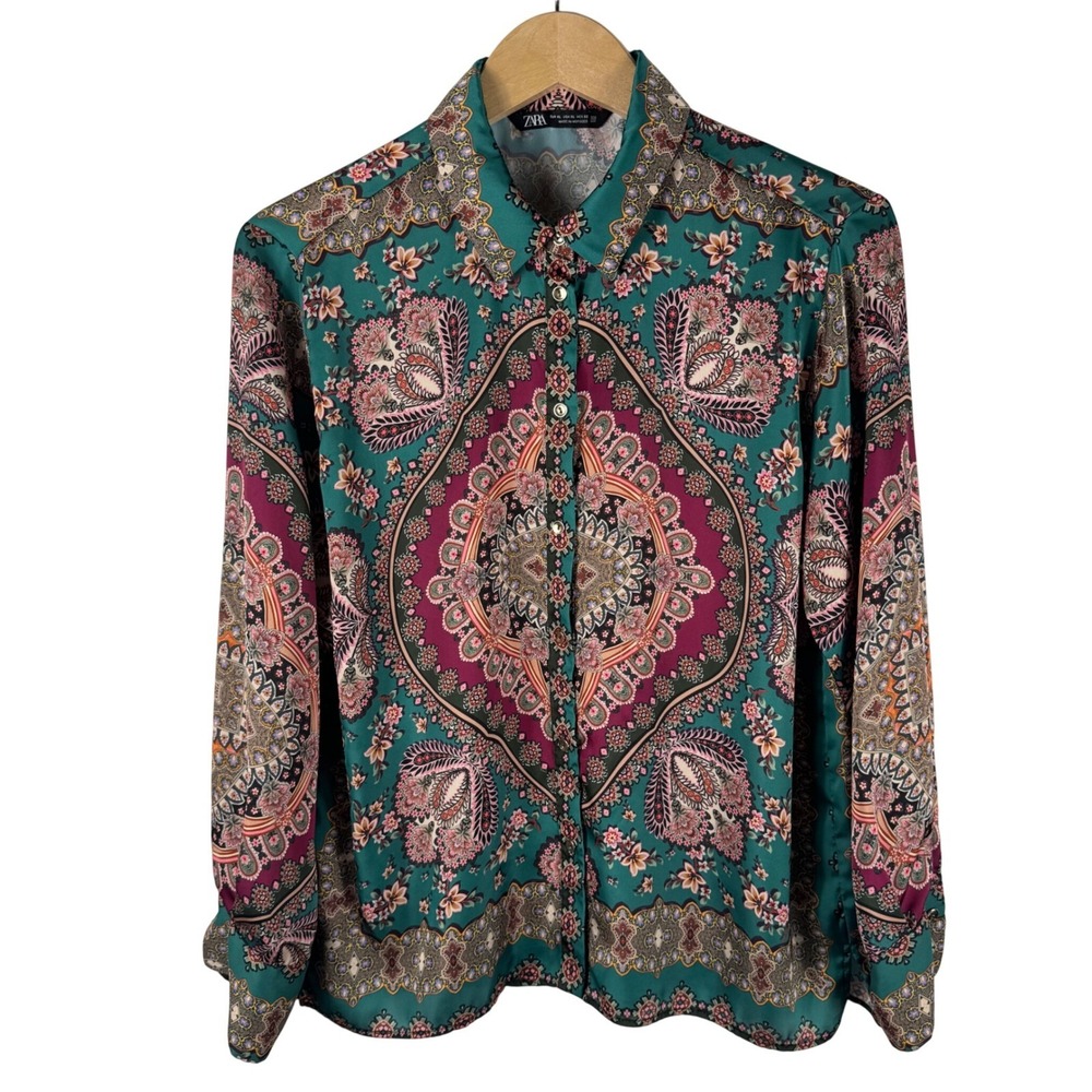 Zara Paisley Medallion Scarf Print Blouse Womens XL Satin Button Down Green - Picture 3 of 6